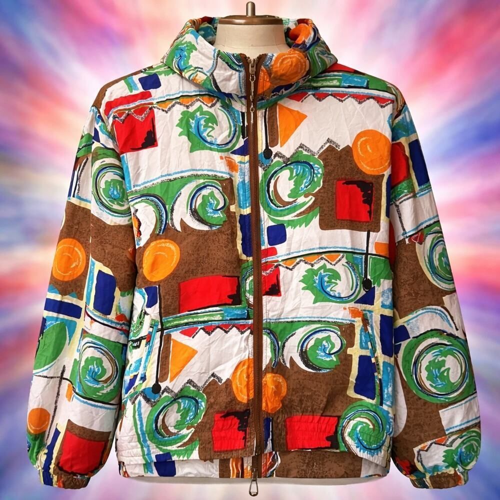 Vintage EVR 100% Silk Abstract Colorful Bomber Jacket M